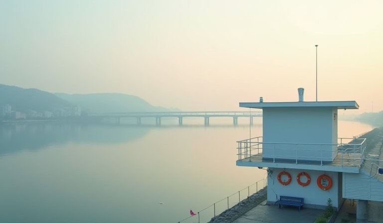 救生員攜帶救生浮筒在關渡大橋旁湍急水域進行戒備
