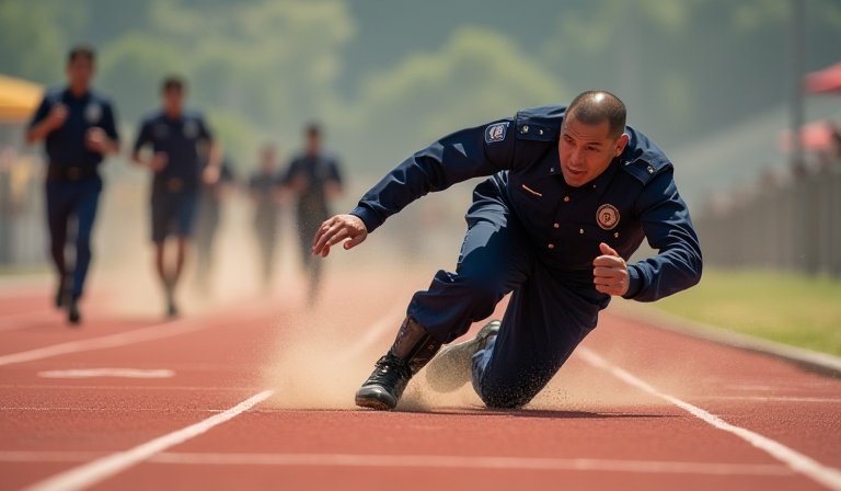 員警於操場跑道對昏迷同仁施予CPR與AED急救