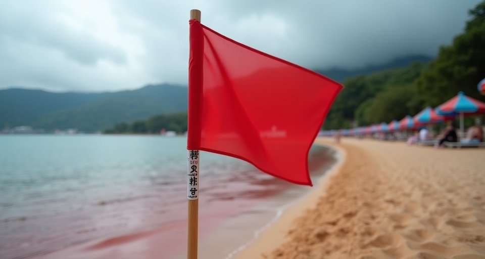 深水灣海面出現大片紅褐色紅潮，岸邊懸掛紅旗警示遊客。