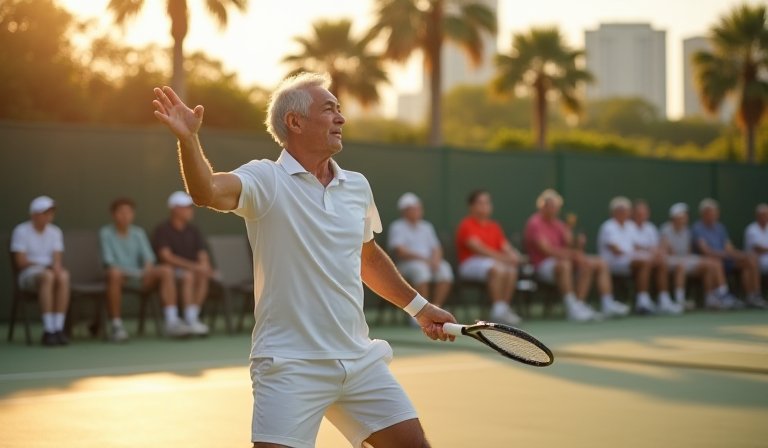 壯年網球選手在台中賽場專注揮拍，展現資深運動員活力。
