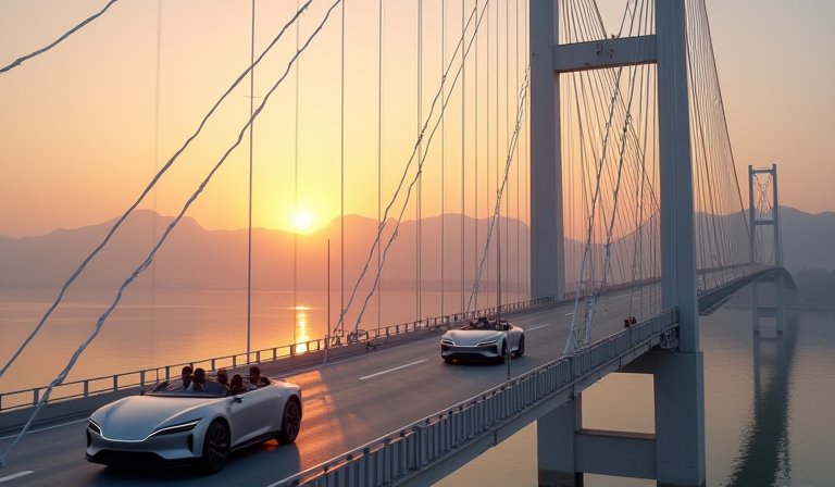 車友騎經淡江大橋獨特V型索塔，遠眺淡水河口壯麗美景。