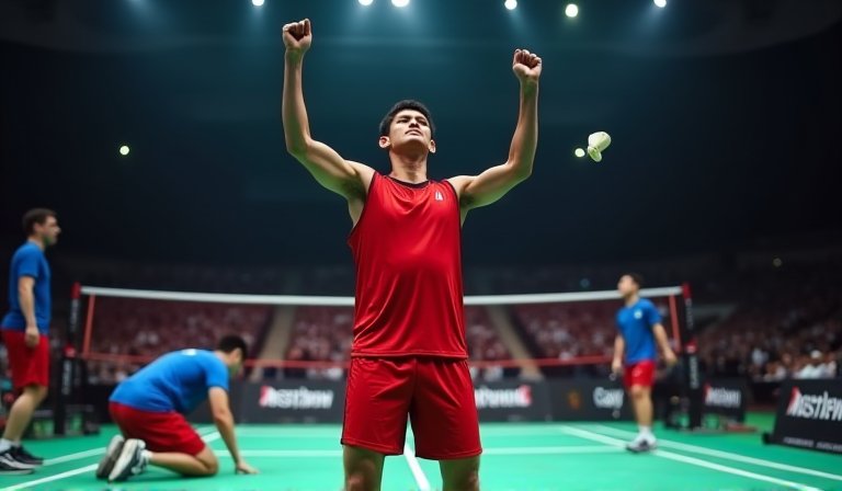 周天成在羽球場上奮力揮拍，展現驚人的體能與敏捷速度。