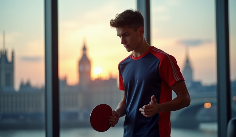 桌球國手於場上專注揮拍擊球，展現出征世錦賽的決心。