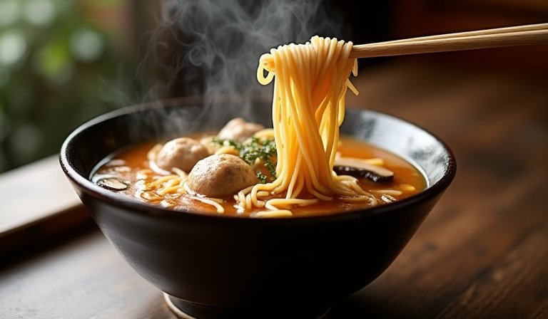 熱騰騰的香菇肉羹湯麵，湯頭質地濃稠且加入豐富肉羹塊。