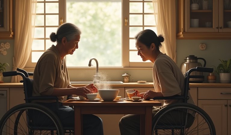 九旬母親守護癱瘓臥床的女兒，身旁擺放受贈民生物資