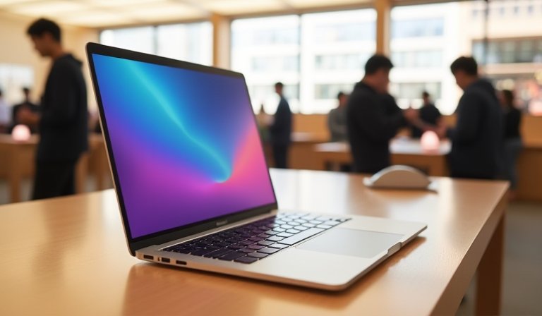 蘋果門市展示架上的 MacBook Neo 筆記型電腦。