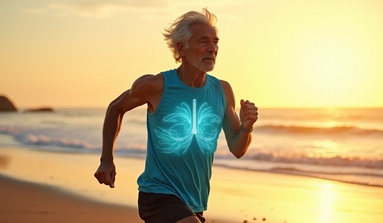 一名精神矍鑠的銀髮男子在戶外慢跑，展現強健體魄。