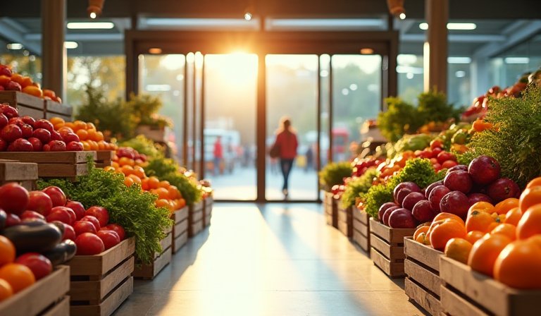 超市入口處陳列色彩繽紛的新鮮蔬果，營造健康購物氣氛。