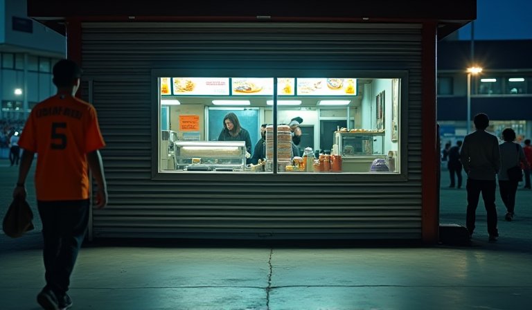 亞太棒球場美食區攤位林立，眾多球迷正排隊購買賽前餐點。