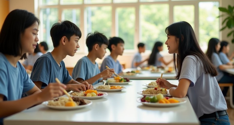 穿著制服的高中生在校內餐廳享用豐盛的營養午餐。