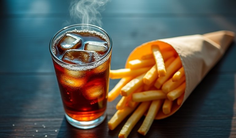 一名女性手持瓶裝可樂飲用，呈現藉此緩解劇烈頭痛不適的情境。