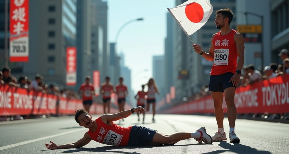 醫護人員於馬拉松賽道旁，為頭部受傷的遊客緊急包紮。