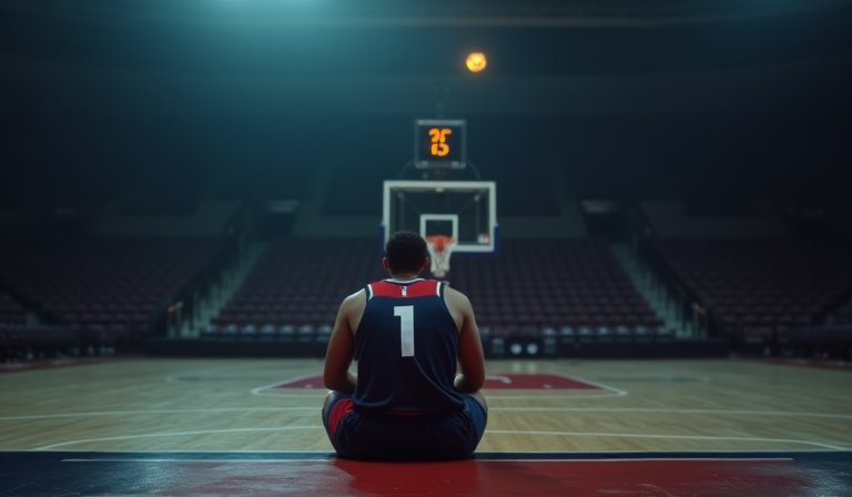 華盛頓巫師球員神情沮喪，背景計分板顯示墊底戰績。