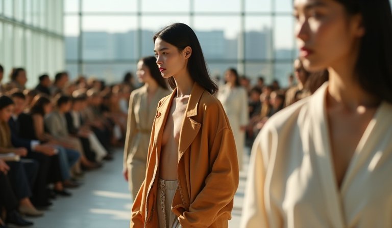 模特兒展示以再生材質與植物染料製成的大地色系服飾