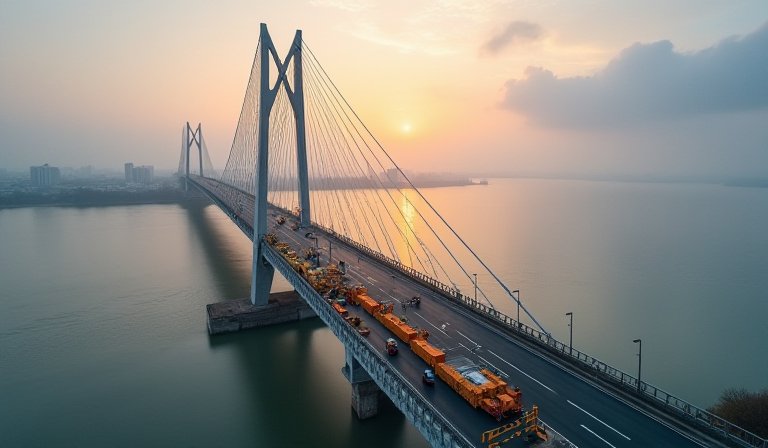 淡江大橋橋面寬闊的機車道與活動式救援柵欄。