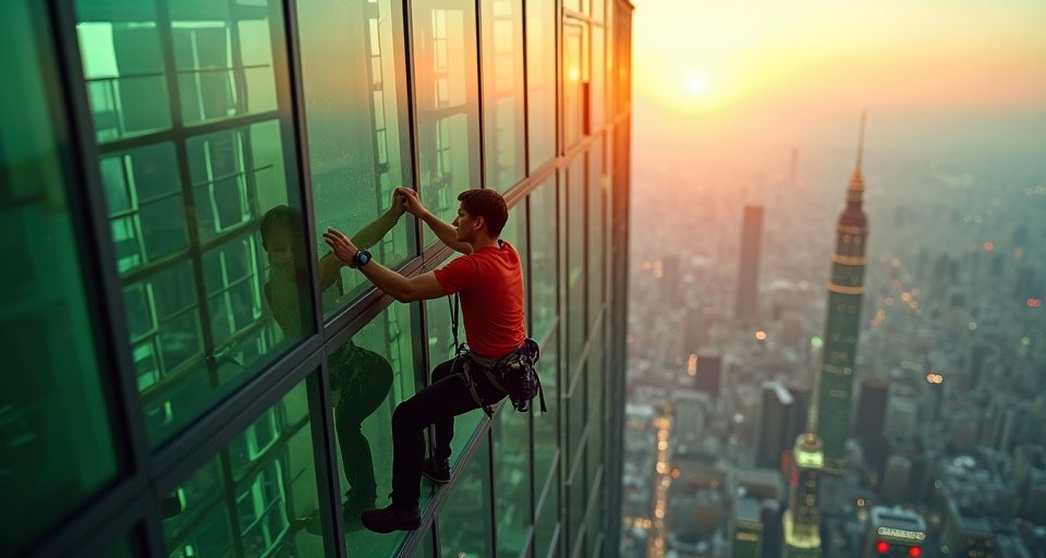霍諾德徒手攀爬台北101，於高空玻璃帷幕間尋找支撐點。