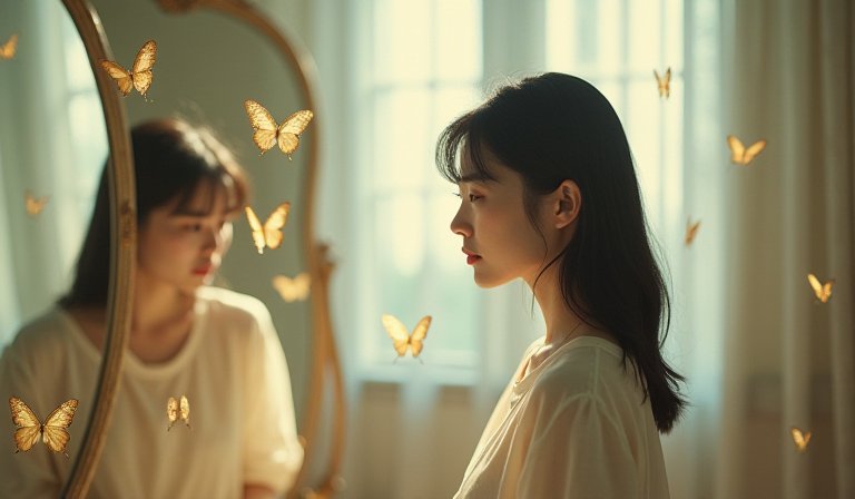 安海瑟薇神情凝重地注視鏡中倒影，呈現內心的不安。