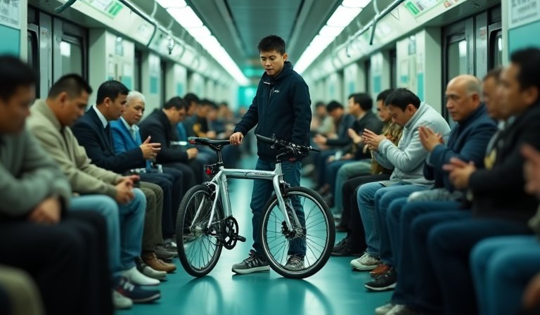 乘客攜帶人力自行車進入北京地鐵車廂內搭乘。