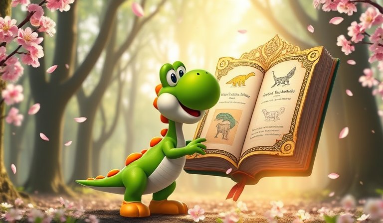 耀西站在翻開的不可思議圖鑑前，展現精美數位桌布。