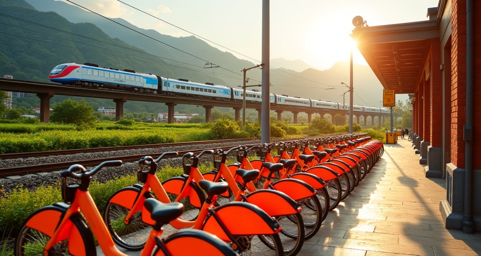 民眾在二水舊鐵道自行車道騎乘，兩側林蔭形成綠色廊道。