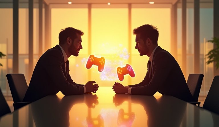 現代化辦公室螢幕，呈現全球遊戲市場的投資數據圖表。
