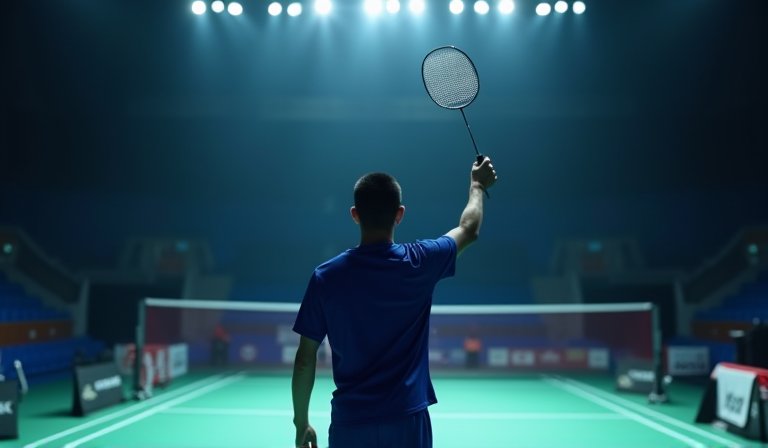 周天成於亞錦賽羽球場上持拍，代表台灣男單晉級八強。