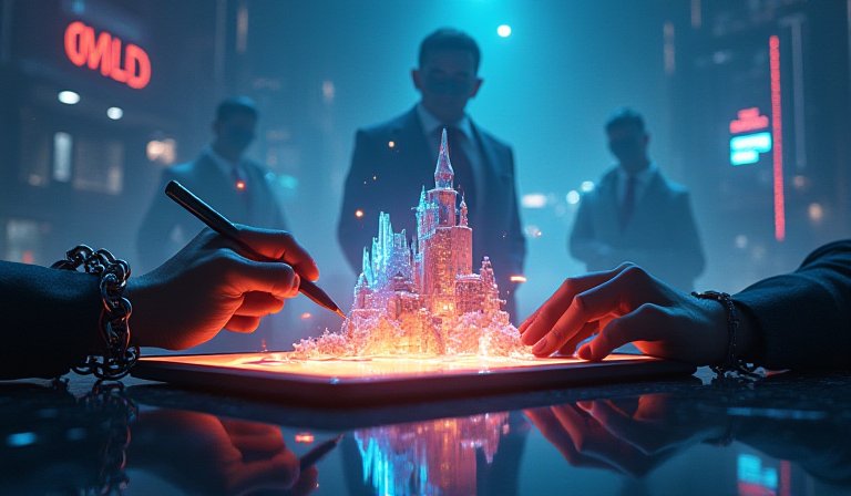 深夜昏暗的辦公室裡，疲憊的開發者對著電腦螢幕趕工。