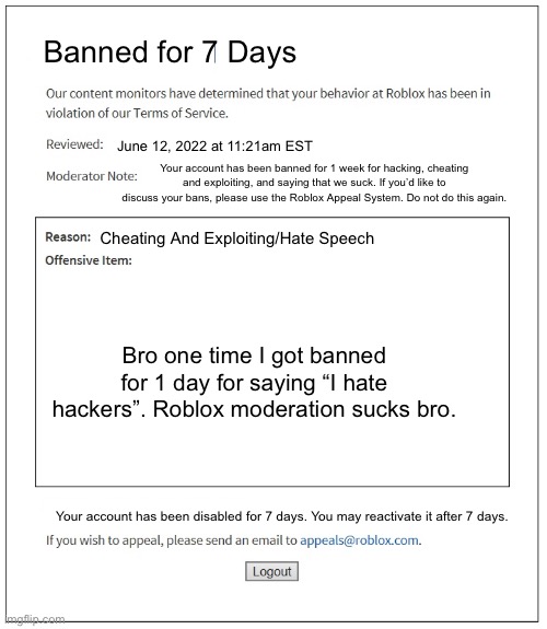 7 Day Roblox Ban Imgflip 7kl0zx 