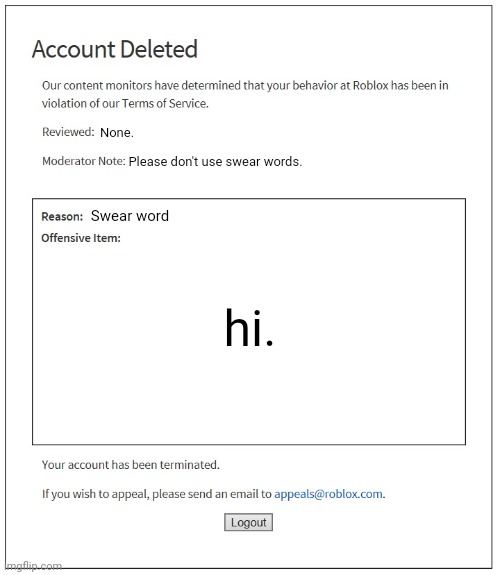 Banned From ROBLOX Imgflip 7vgheh 