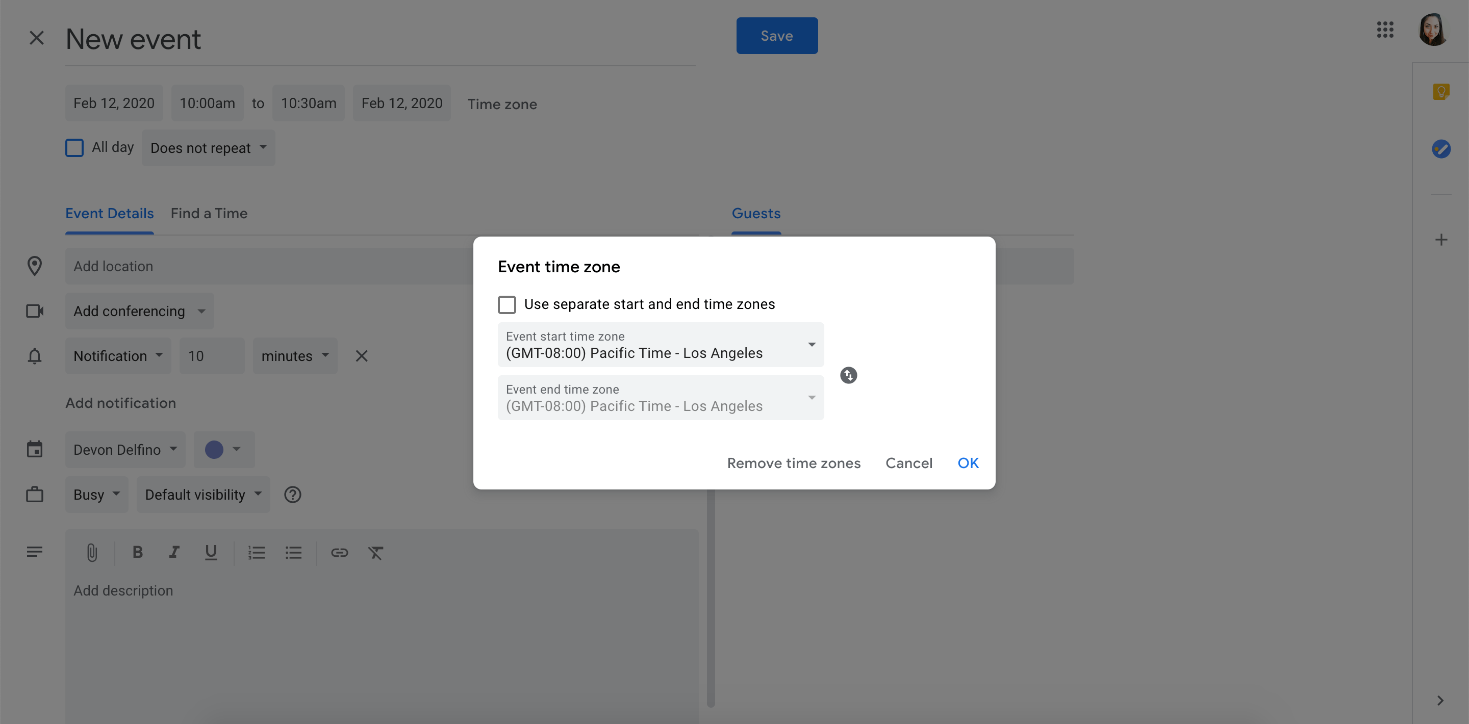 Set google calendar time zone