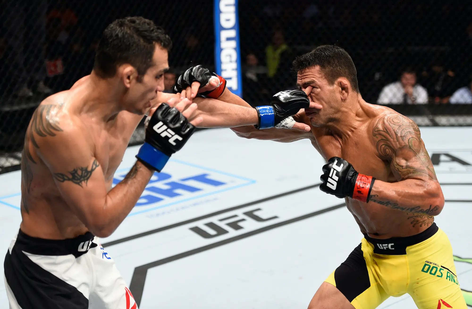 Garbage littered the octagon after the main . Masks of blood, grotesque swellings, and a rogue eye poke