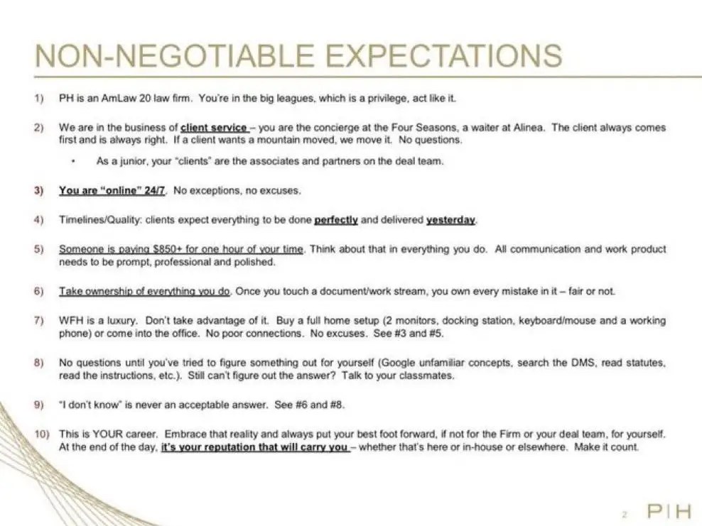 Didžioji advokatų kontora pyksta dėl nutekinto „neabejotinų lūkesčių“ partneriams sąrašo —  įskaitant buvimą internete 24 valandas per parą, 7 dienas per savaitę „jokių išimčių, jokių pasiteisinimų“