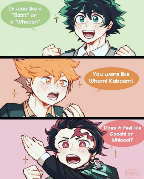 My pov*'its really nice out' i thought 'as i sat on a rock watching tanjirou train. Mha X Demon Slayer X Haikyuu Sleepover Quiz