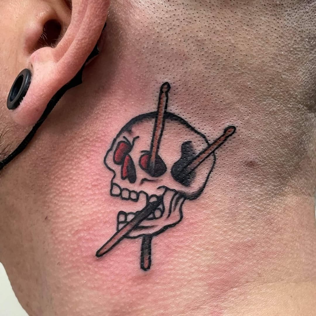 I've Wanted A Drum Related Tattoo For A Long Time. My Good Friend Hooked Me Up With This Small Traditional Skull With Cross Drumstick Design : R/ Drumming 1080_x_1080_jpg