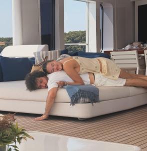 Selena relaxing on Benny on a lounge | IG Story August 2026