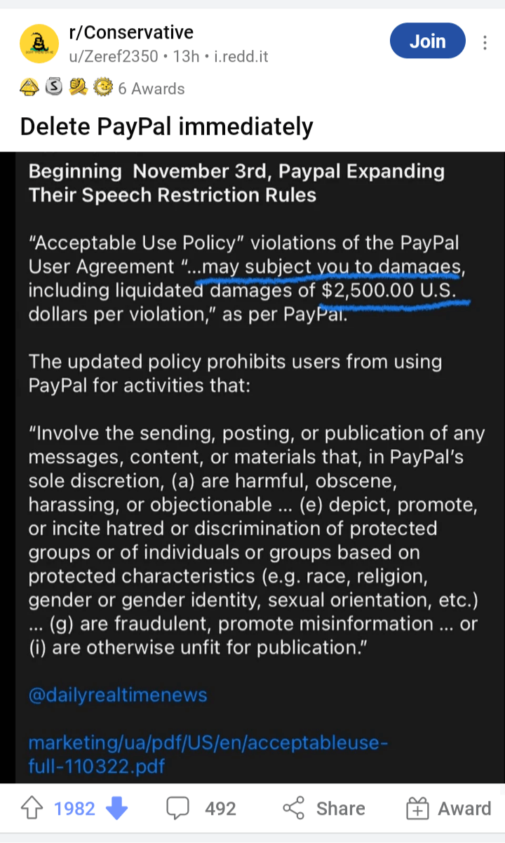 PayPal updating non-discrimination policy is targeting conservatives  specifically... : rSelfAwarewolves