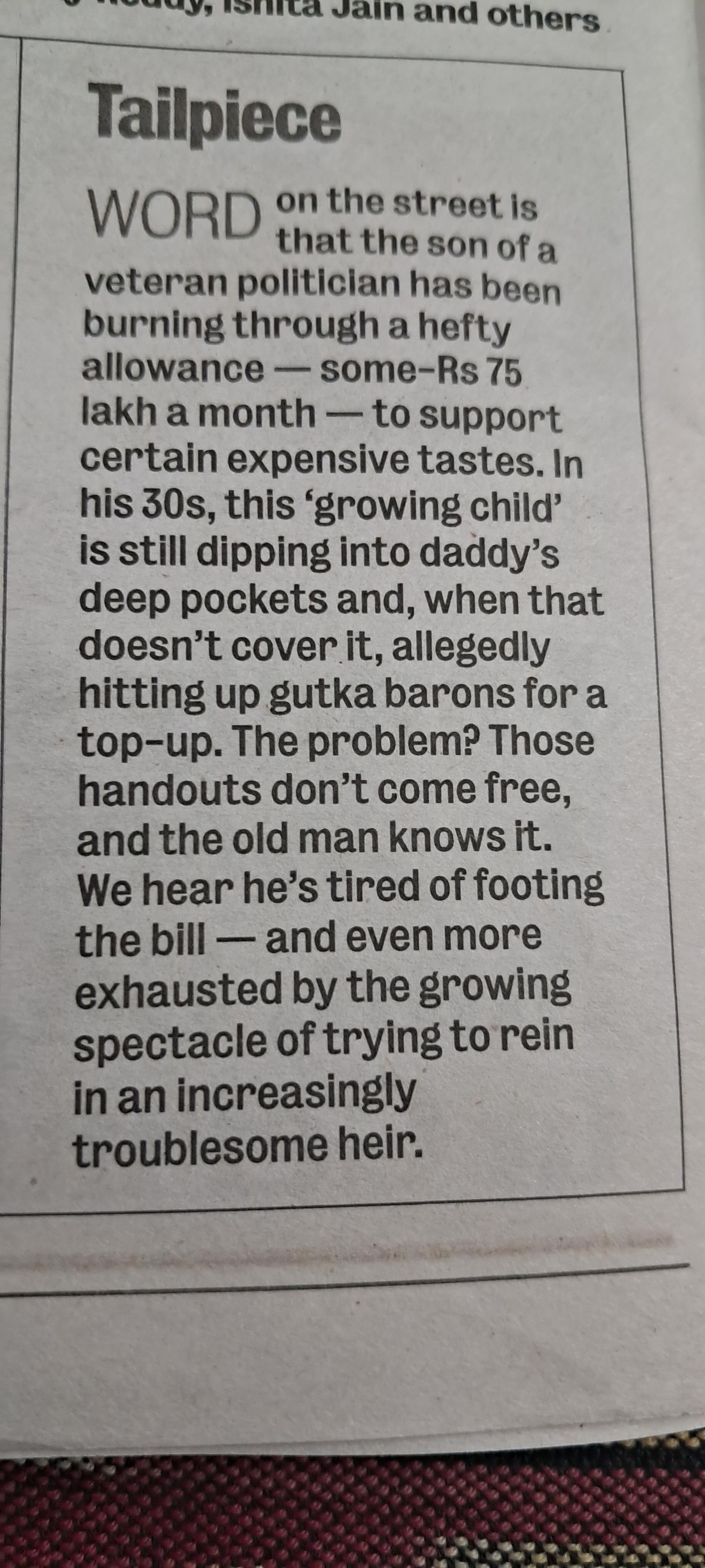 Mumbai Mirror is back and so its blind item column Tailpiece. Guess who  is this politico in this blind item : rmumbai