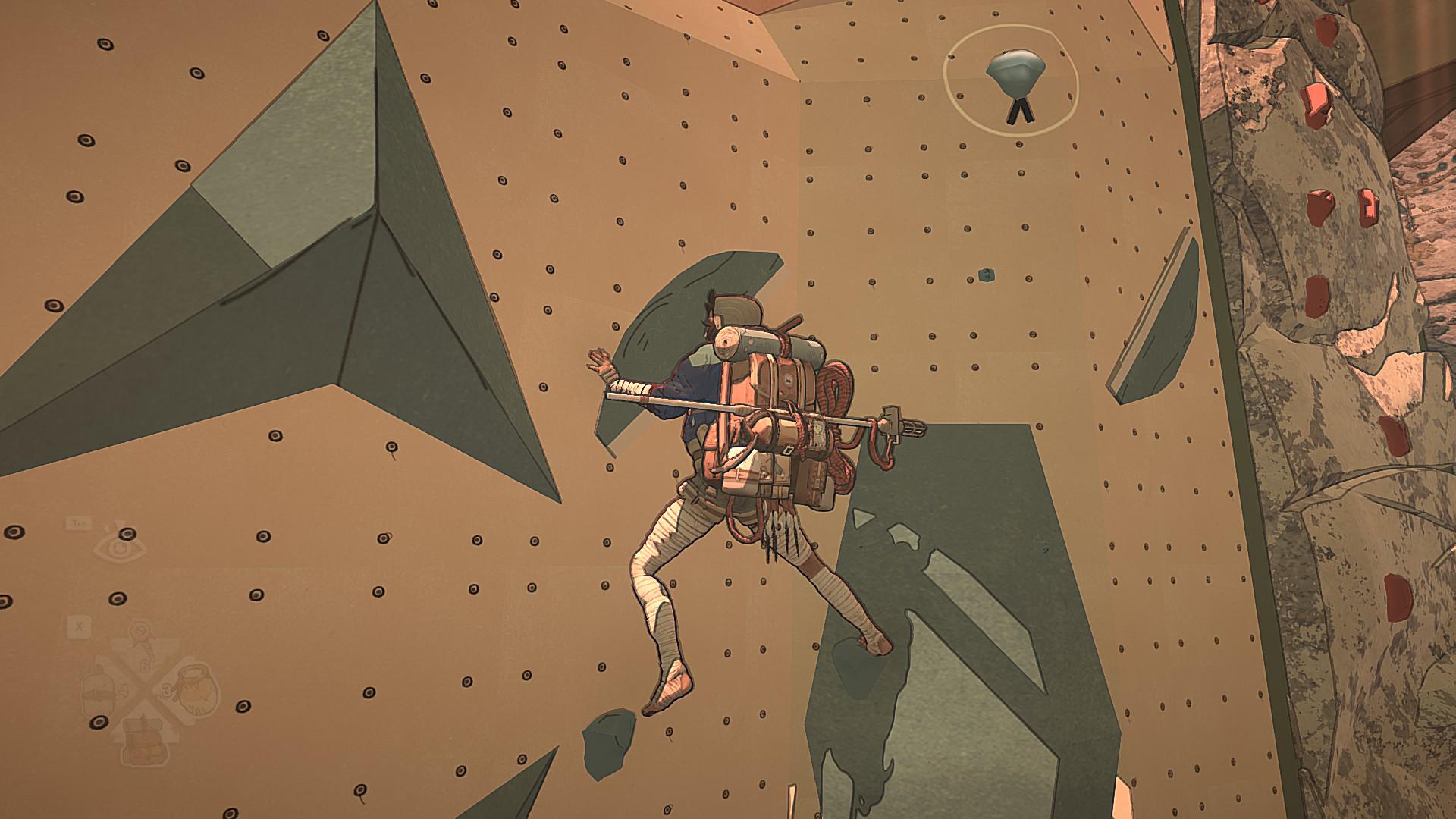 攀登者在近乎垂直的巨大岩壁上尋找下一個支撐點。