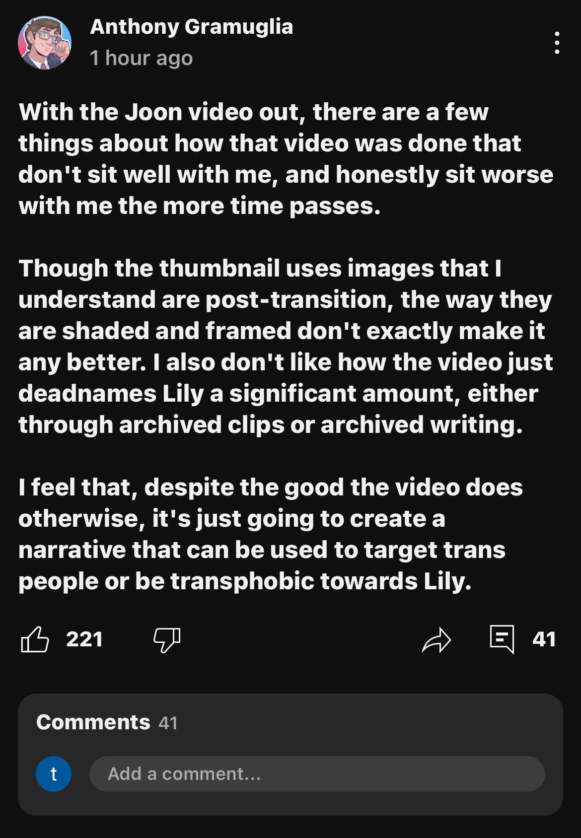 Anthony Gramuglia (critic of Lily Orchards work) claims Joons video  deadnames her : ryoutubedrama