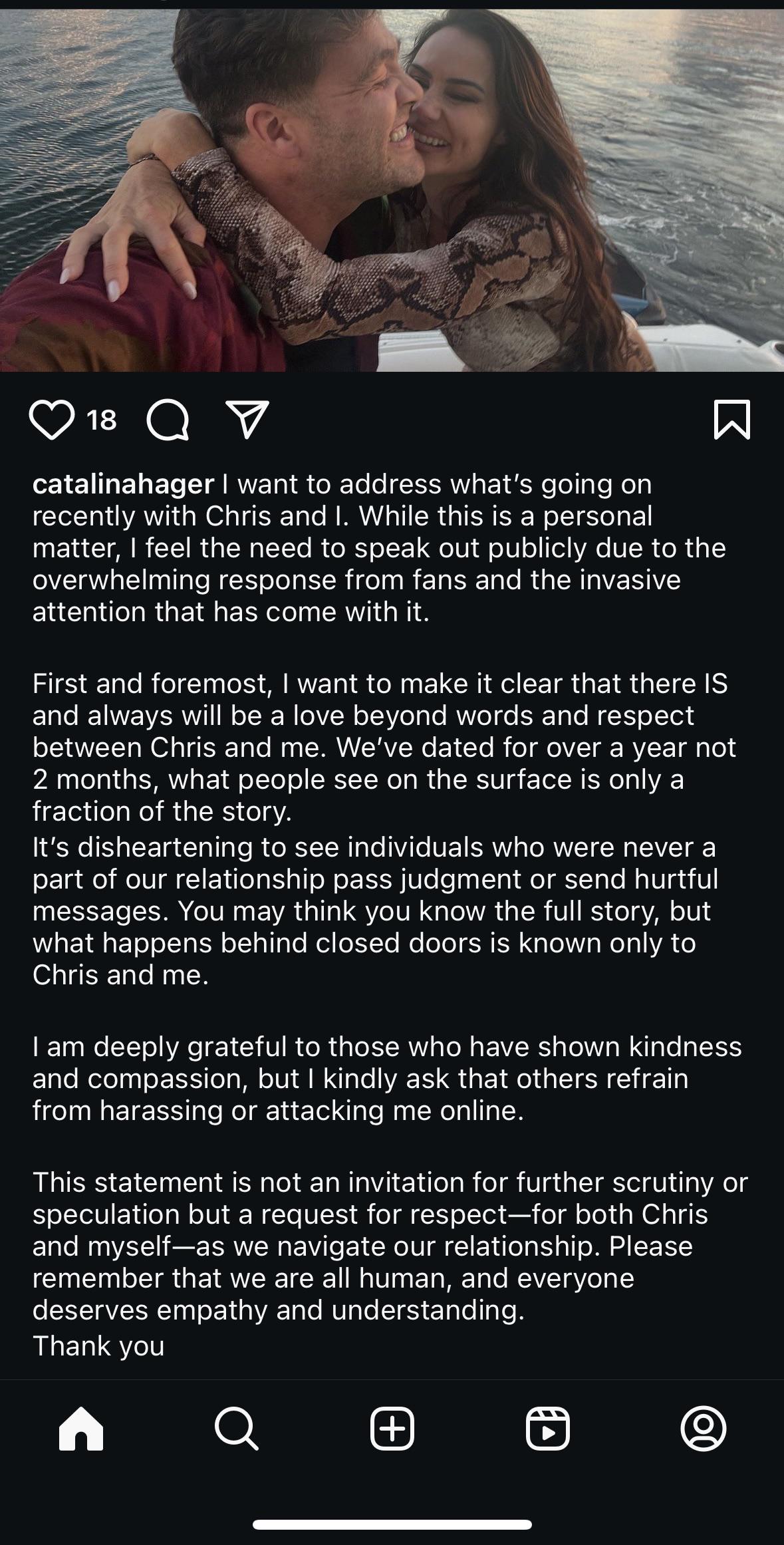 CTs recent girlfriend, Catalina Hager, releases a statement regarding  their relationship and harassment from fans : rMtvChallenge