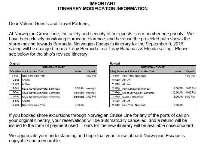 Norwegian Escape Itinerary Change Due To Hurricane Cruise
