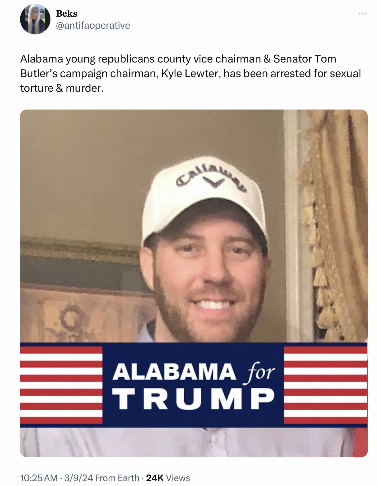 Kyle Hayden Lewter, 36, Butlers campaign chairman & former Madison County Young Republicans vice chairman, has been charged with murder, sexual torture - sexual abuse using inanimate object. : rconservativeterrorism