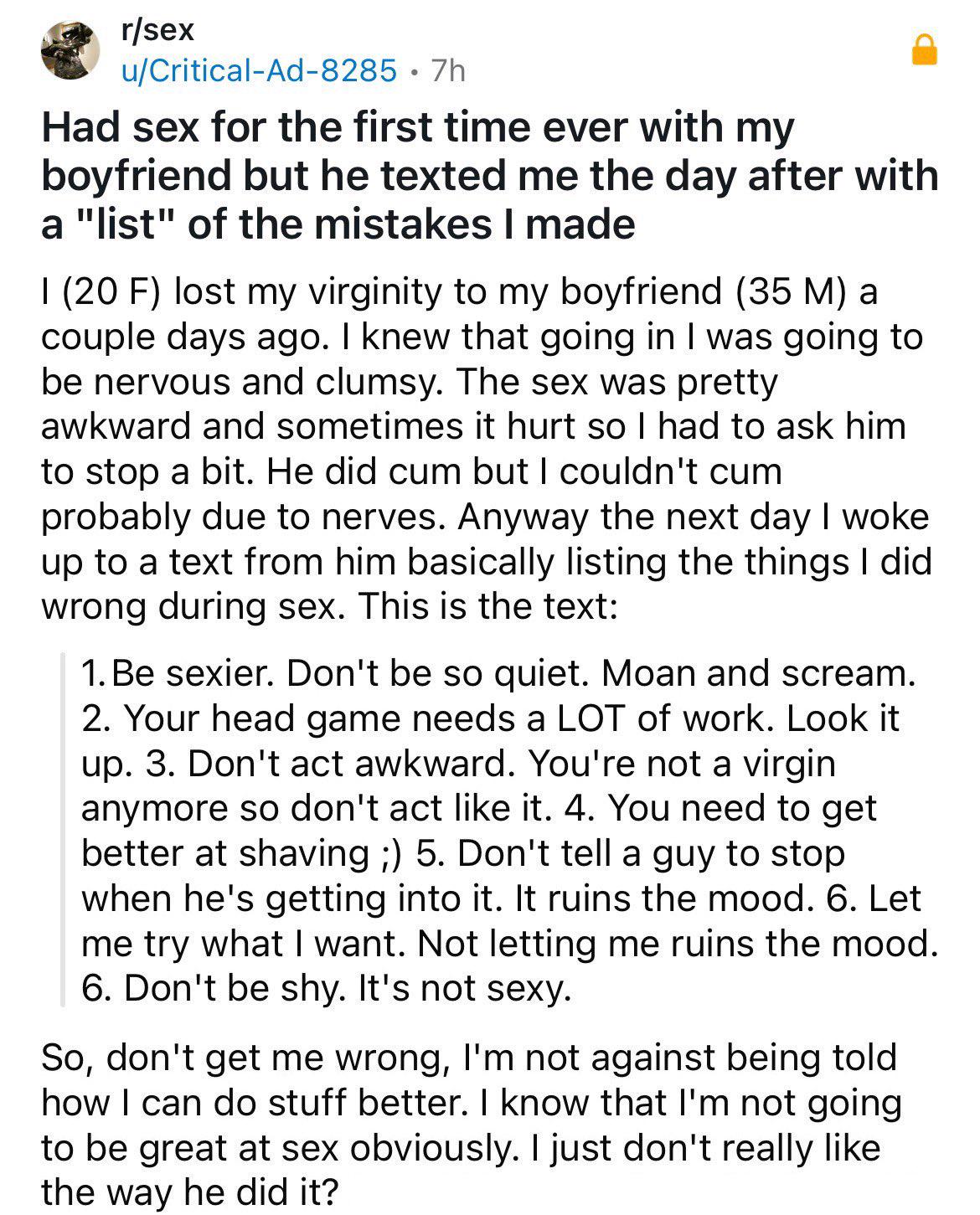 Had sex for the first time ever with my boyfriend but he texted me the day  after with a list of the mistakes I made (NOT OP) : rredditonwiki