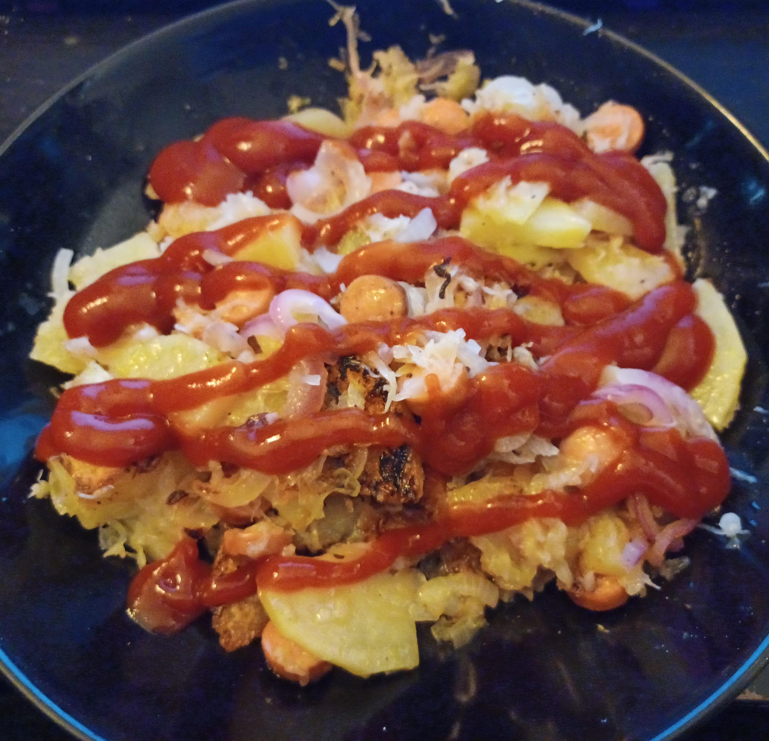 Potatoes, onion, sauerkraut, hotdogs, and ketchup. My stepdad used to make  this, and I still do. : rshittyfoodporn