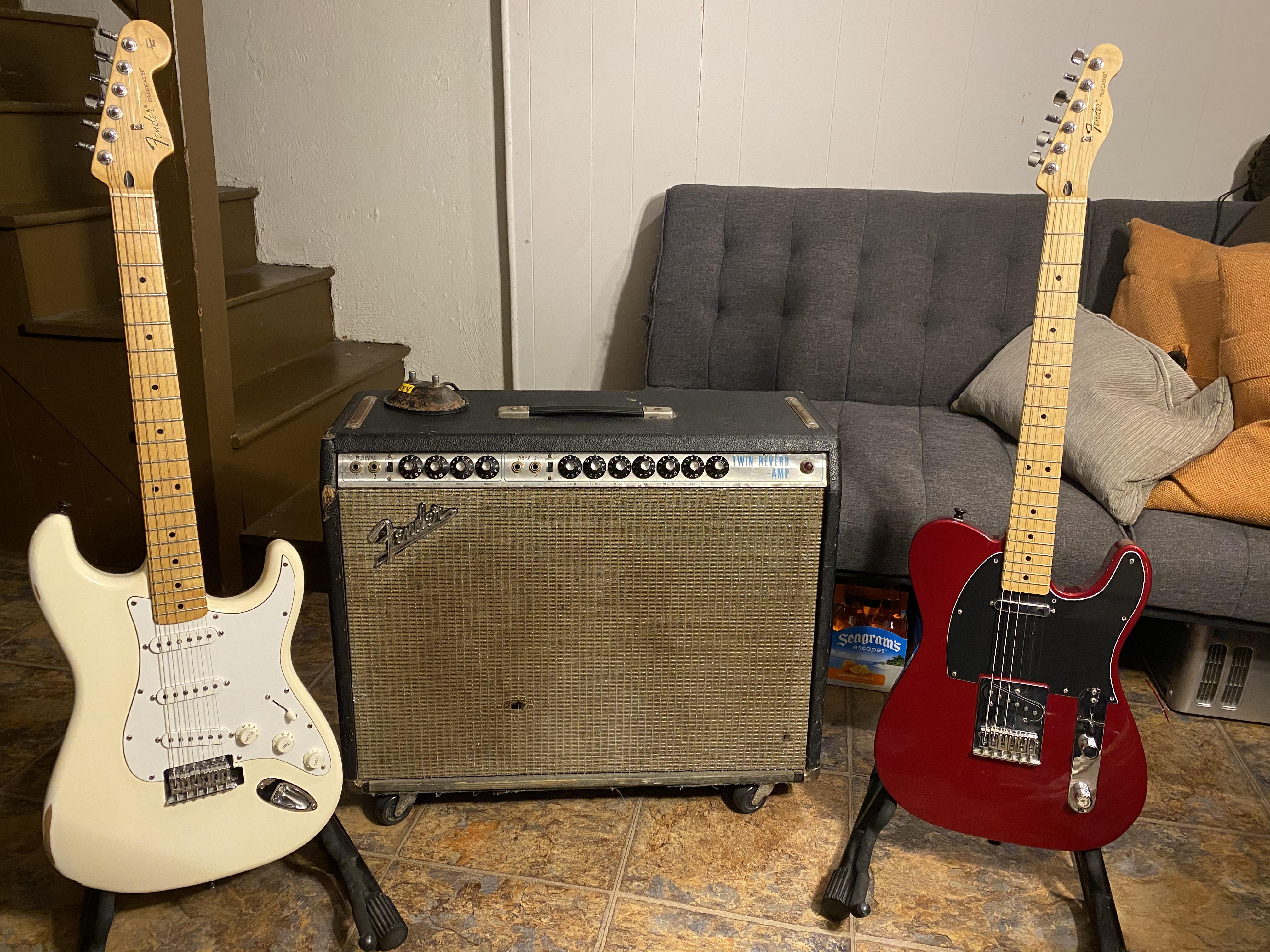Got a new amp today. 1970 fender twin reverb, here’s a pic of the fam together.