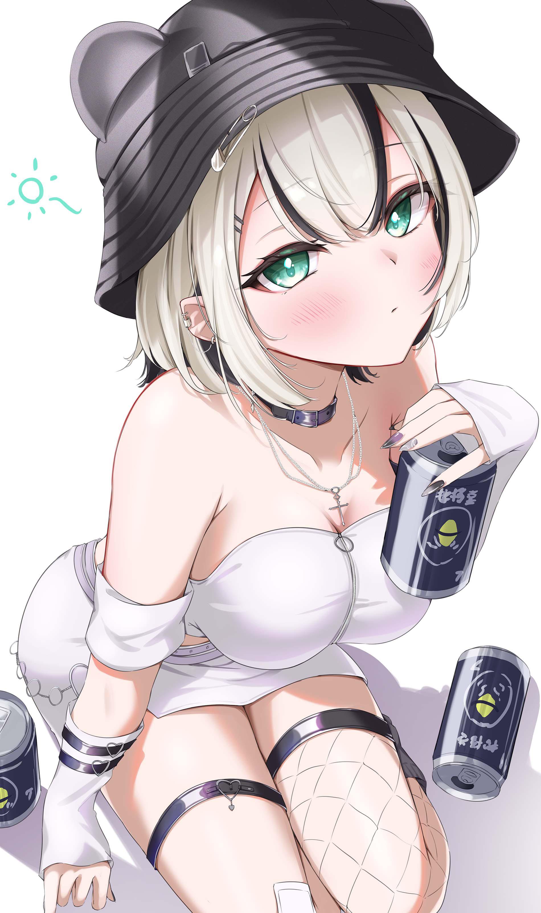 taaka, kurumi noah, kurumi noah (4th costume), vspo!, absurdres, highres,  1girl, animal ears, black hat, black nails, blonde hair, blush, fang,  flower, green eyes, hair flower, hair ornament, hat, looking at viewer,