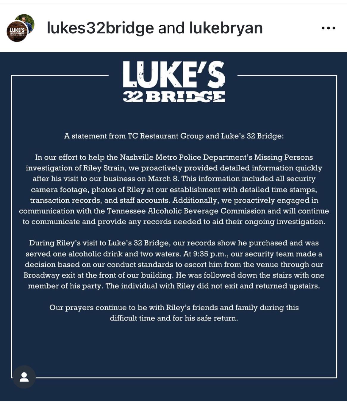 Riley Strain- per the bar he was served 1 alcoholic beverage and two  waters. His friend chose to go back in and leave him outside alone. : r nashville