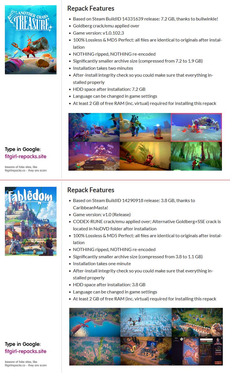 Another Crabs Treasure (v1.0.102.3, MULTi11) 1.9 GB  Fabledom  (v1.0Release, MULTi9) 1.1 GB [FitGirl Repacks] : rCrackWatch