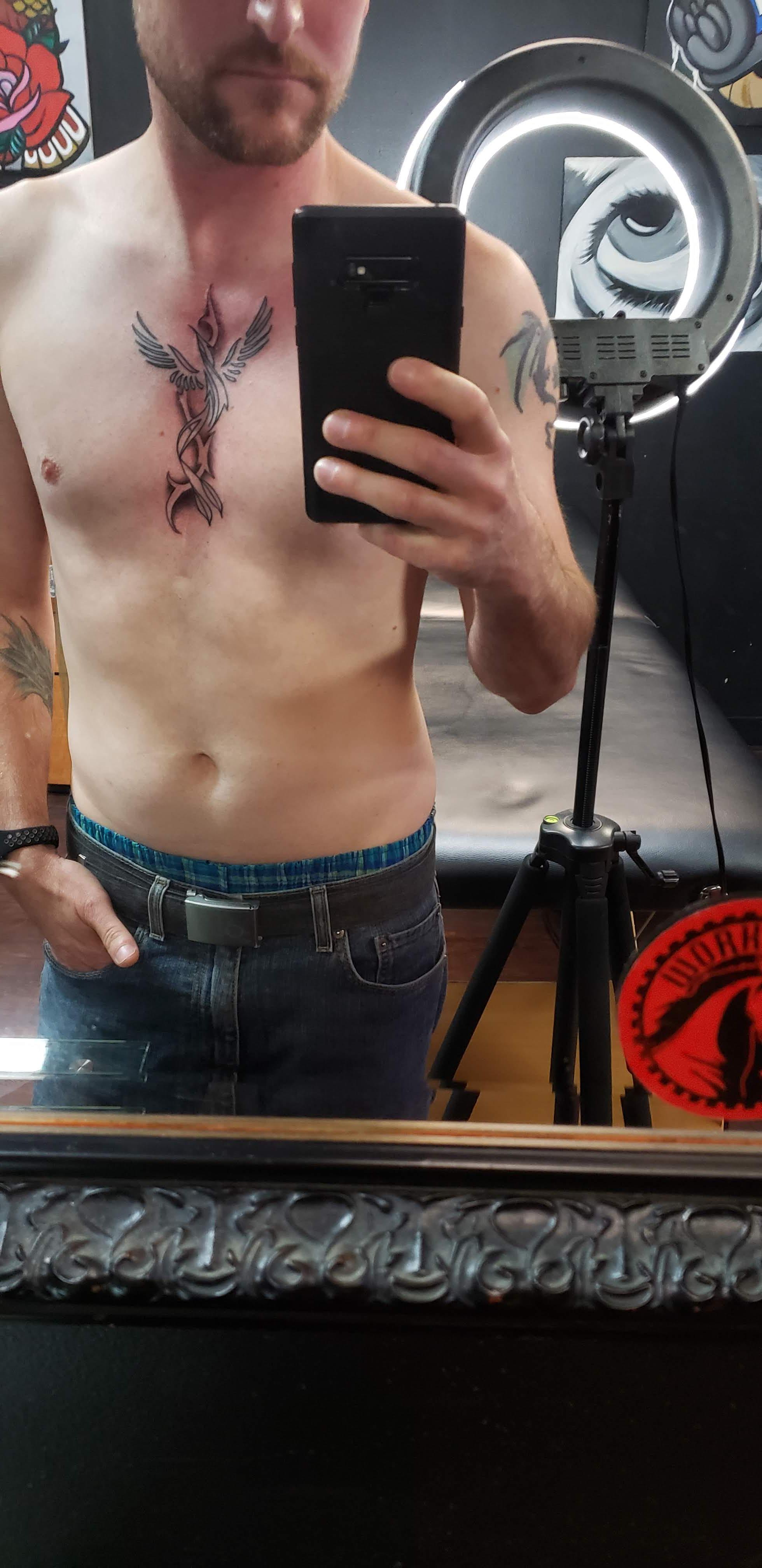 Phoenix Tattoo To Cover Up Heart Surgery Scar Done By Evan At Pride And Glory Tattoo Nashville Tn Tattoo
