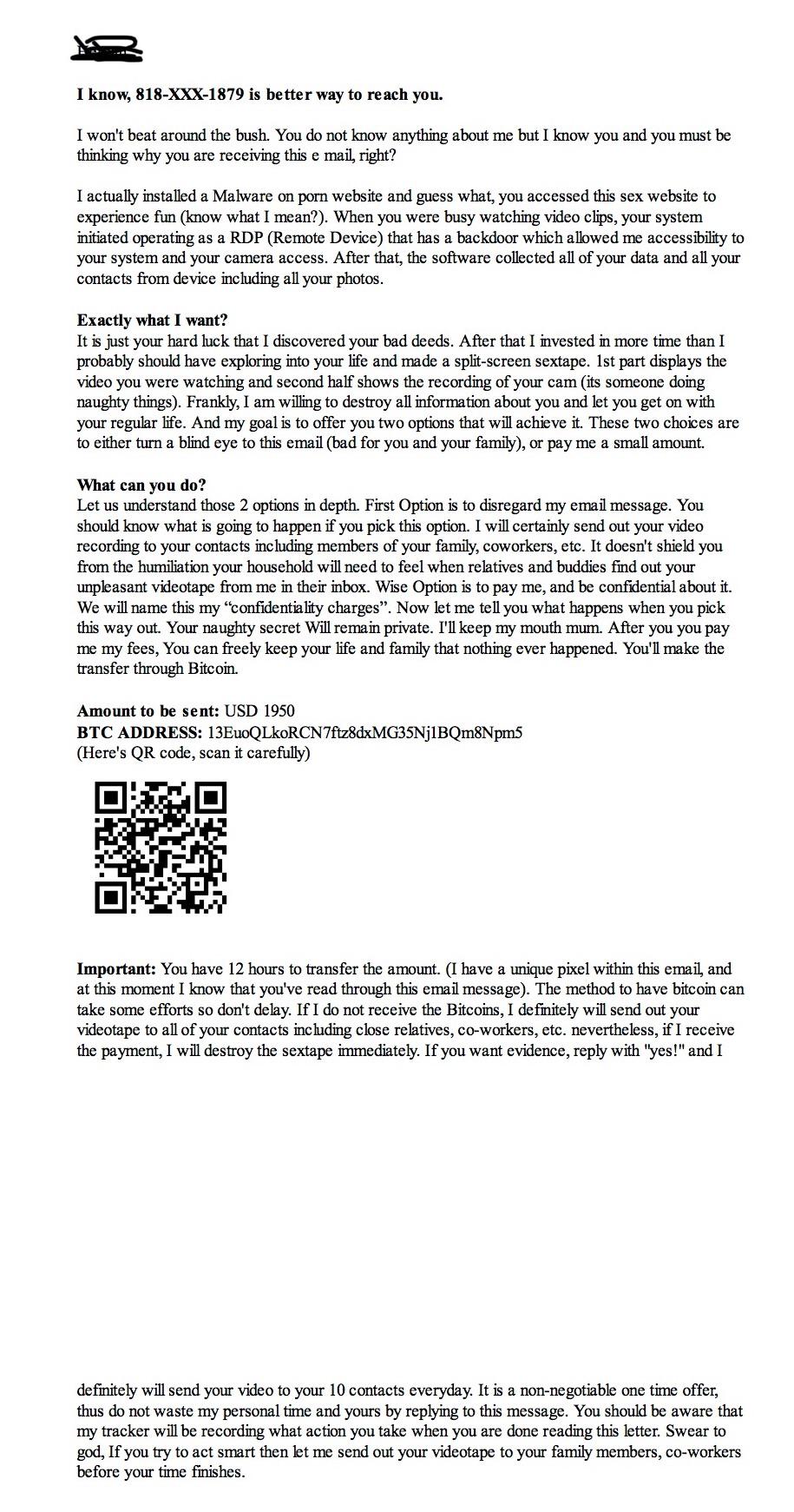 I got a Sextortion email to pay $1,950 or destroy my life! SOS : rphishing